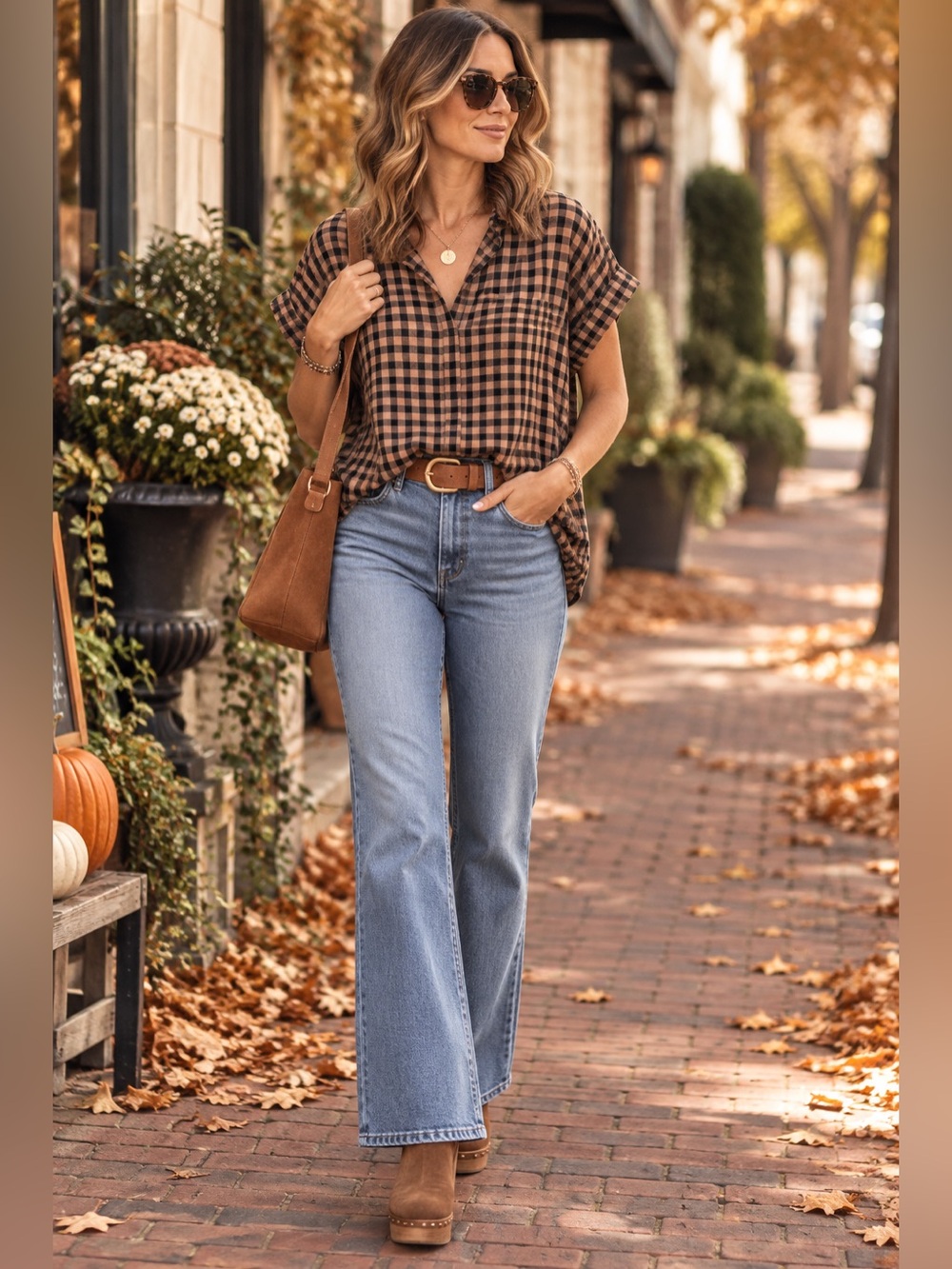 BeachLunchLounge Gingham Plaid Cotton Split Neck Blouse Top Small